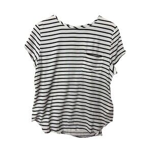 H&M White Black Stripe Short Sleeve Blouse Top Size 12 Chest Pocket Keyhole BIN2